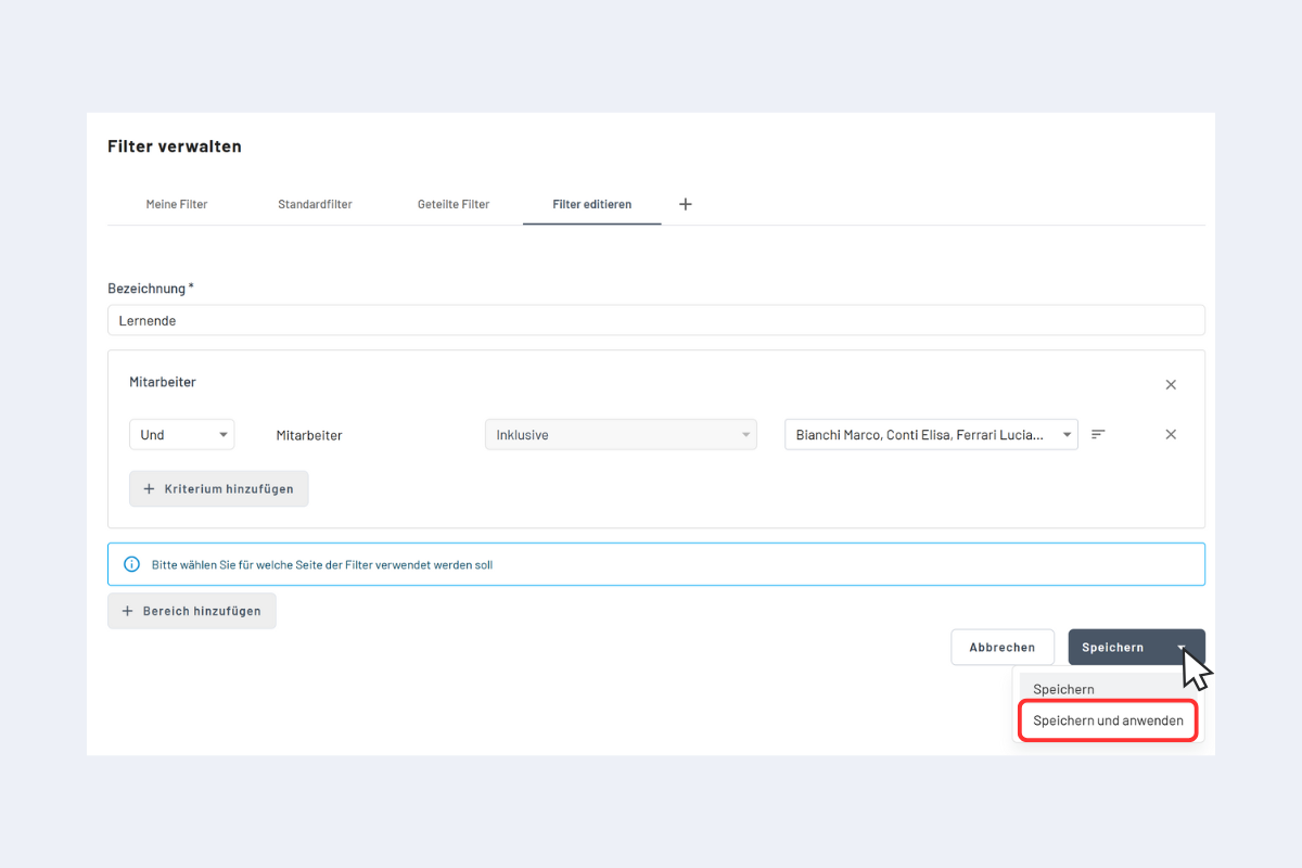 Modificare un filtro – salva e applica